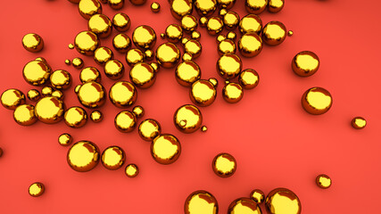 abstract background of golden three-dimensional spheres on a red background. 3d render illustration