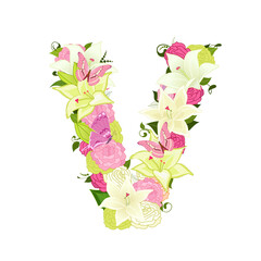 Graceful floral abc with white lilies, pink roses and butterflie