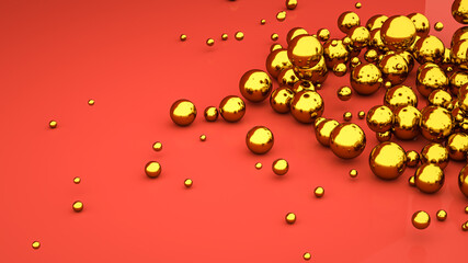 abstract background of golden three-dimensional spheres on a red background. 3d render illustration
