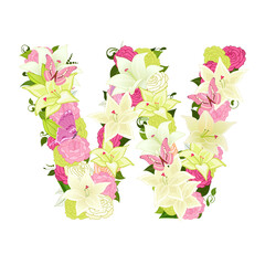 Graceful floral abc with white lilies, pink roses and butterflie