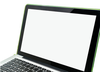 White blank screen space for text and design on laptop computer. Modern laptop with green color frame. Close up to screen display, slightly tilted computer monitor. Isolated image on white background.