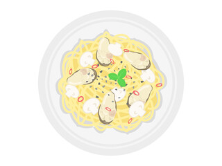 皿に盛られた牡蠣のパスタのイラスト