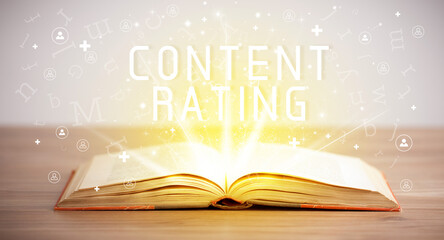 Open book with CONTENT RATING inscription, social media concept