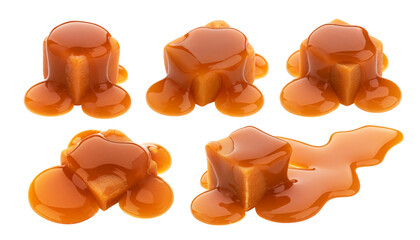 Caramel candy and caramel sauce isolated on white background