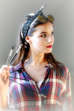 beuty, piękne, młoda, moda, portret, buzia, atrakcyjność, osoba, czarna, dama, wrażliwa, brunetka, elegancja, farby, pędzel, malarka, artystka