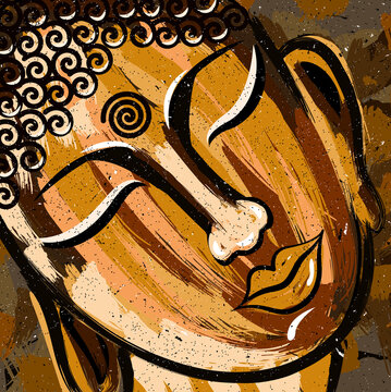 Beautiful Sleeping Buddha Face Painting. Editable Layers Eps Artwork For Canvas Printing. 