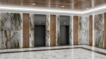 Two elevators at lobby with beautiful marble wall and floor