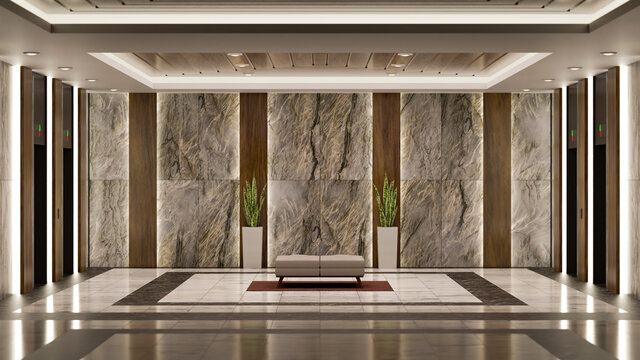 3D rendering luxury lobby interior near elevator with panoramic