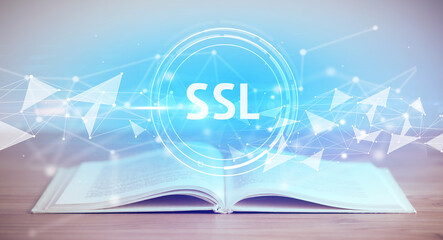 Open book with SSL abbreviation, modern technology concept
