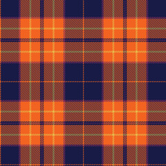 Tartan Cloth Pattern. Checkered plaid vector illustration. Seamless background of Scottish style. Great for fashion wallpapers, textiles, decorations, web, prints. Dark Blue, Yellow, Orange, Violet.