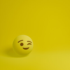 Happy Winking emoticon isolated on yellow background, smiling face emoticon 3D rendering 