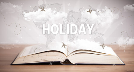 Open book with HOLIDAY inscription, vacation concept