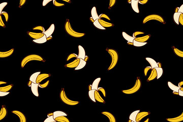 Abstract and doodle seamless pattern with bananas on black background. Bananas pattern vector good for wrapping paper, home decor, T-shirt, textile fabric print, poster, banner design and more.