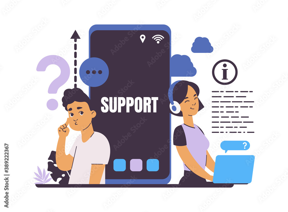 Poster customer support. frequently asked questions. online service for help users, hotline call and chat. 