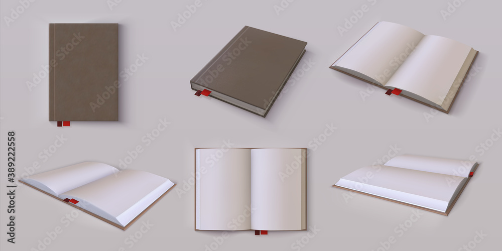 Poster Diary mockup. Realistic blank open and closed 3D planner, white paper sheets for brand identity design and advertising. Hardcover organizer with red bookmarks and copy space. Vector book isolated set
