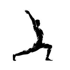 Fototapeta na wymiar Yoga, warrior pose, isolated vector silhouette, ink drawing. Side view. Man pacticing yoga