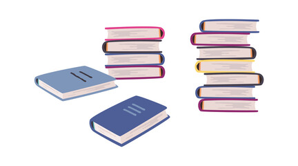 Cartoon books. Stack of blue cover book collection, pile of encyclopedias and dictionaries for studying at home and library knowledge and wisdom symbol vector textbook isolated on white background set