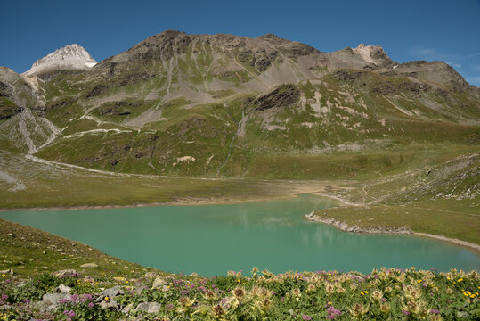 the famous lac blanc above the Peclet Polset hut with a view of the roc du soufre and la Pointe des Fonds