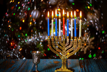 Menorah with burning candles for Hanukkah on sparkle background with defocused lights. Jewish...