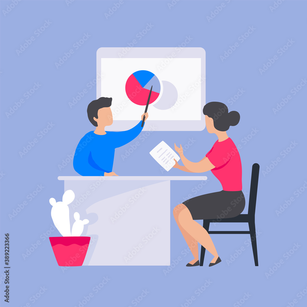 Poster office characters. people sitting at table, studying documents and information diagrams. man and wom