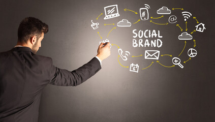 businessman drawing social media icons with SOCIAL BRAND inscription, new media concept
