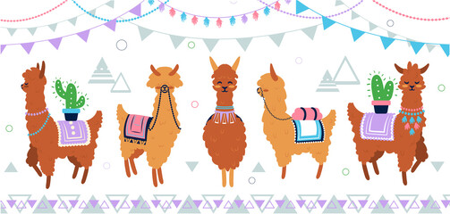 Cute llama set. Cartoon funny alpaca characters with cactus, flags and mountains collection. Hand drawn design template for kids birthday cards and accessories, flat vector isolated festive characters