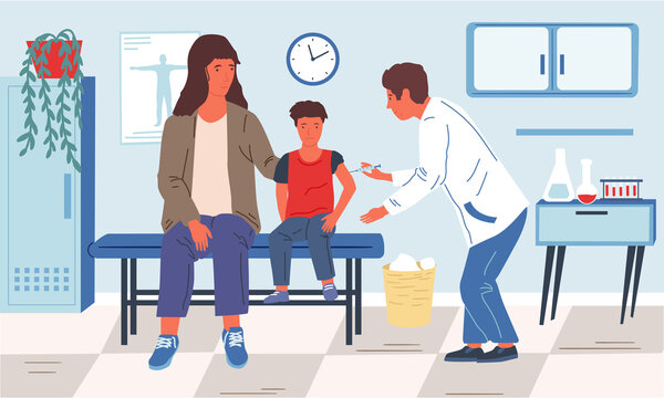 Vaccination. Cartoon pediatrician doctor makes injection of vaccine, flu and disease prevention concept. Consulting room interior in child hospital. Vector medical treatment or healthcare illustration