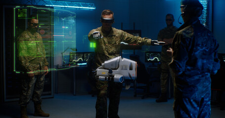 Fototapeta na wymiar Commander controlling futuristic drone in service room