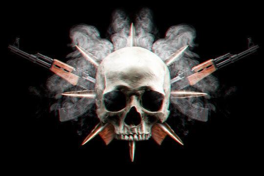 Front view of skull. Textured art digital edited and manipulated photo. Rifles, bullets and smoke. Anaglyph effect. Crime, war concept. Isolated on black.