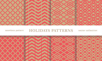 Set of seamless winter holidays geometric patterns. Merry Christmas and Happy New Year collection. Modern elegant wallpaper. Vector illustration.