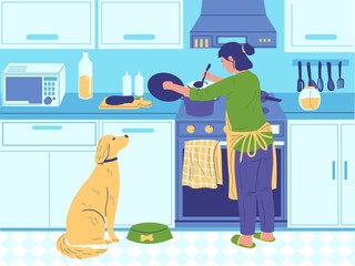 Home cook. Cartoon woman cooking breakfast or dinner for family, homemade food preparing. Female in kitchen with dog, cuisine furniture and electronics. Vector usual life routine flat illustration