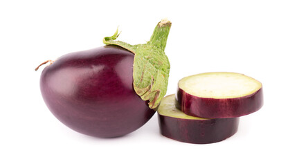 Eggplant isolated on white background. Fresh sliced eggplant or aubergine vegetable.