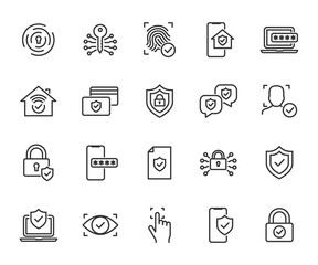 Fototapeta Vector set of security line icons. Contains icons digital lock, cyber security, password, smart home, computer security, electronic key, fingerprint and more. Pixel perfect. obraz