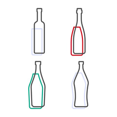 Simple line shape of vodka red wine martini and vermouth bottle. One contour figure of bottle, the second drink. Outline symbol beverage black color. Sign liquid colored. Isolated flat illustration