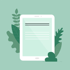 Vector Catoon Illustration Of White Tablet PC In Flat Style. Composition On Blue Background Of Touch Screen Computer With Simplified Writings On It, Different Green Plants And Leaves Standing Around