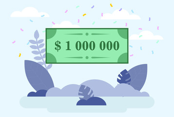 Cartoon Vector Composition With Bank Cheque For Million Dollars. Lottery Winning Or Prize Gaining Concept Illustration In Flat Style On Light Background. Clouds, Different Leaves And Confetti Around