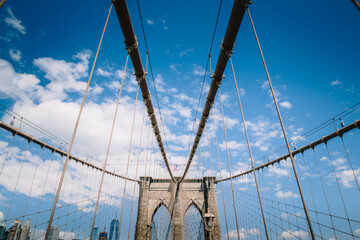 Close up of the cables and suspensions of the Brooklyn Bridge on a Beautiful day