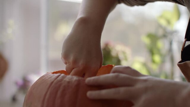 Cleaning a pumpkin. Seeds and all.  Happy Halloween. Pumpkin carving for a seasonal holiday. Autumn fun and spooky decoration. Shot in 4k. 