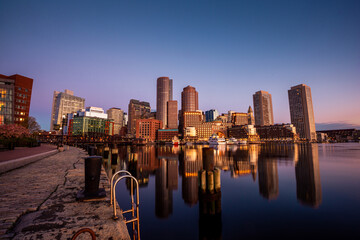 Evening light view of Boston skyline and buildings