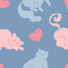 Cute vector seamless pattern with adorable pastel cats on blue background with hearts. Lovely marshmallow-like kitties in pastel colors, Valentine's Day