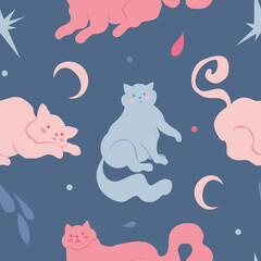 Cute vector seamless pattern with adorable pastel cats on blue background with stars and moons. Lovely marshmallow-like kitties in pastel colors