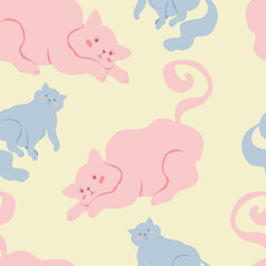 Cute vector seamless pattern with adorable pastel cats on light yellow background.  Lovely marshmallow-like kitties in pastel colors