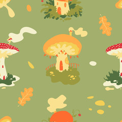 Mushroom fairy village vector seamless pattern with cute mushroom houses and oak leaves in warm autumnal colors. For children, cozy and magical fairy houses. Cottagecore vibes