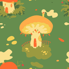Mushroom fairy village vector seamless pattern with cute mushroom houses in warm autumnal colors. For children, cozy and magical fairy houses. Cottagecore vibes