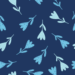 Random light blue tulips seamless pattern. Hand drawn stylized botanic print on navy colored background.