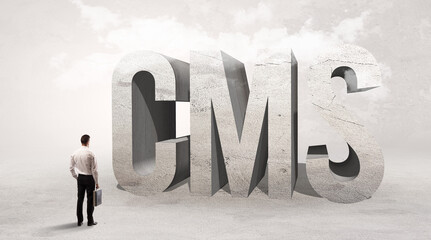 Rear view of a businessman standing in front of CMS abbreviation, attention making concept