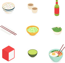 Food and drink set. Isometric vector illustration in flat design.