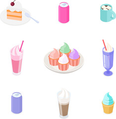 Coffee and dessert set. Isometric vector illustration in flat design.