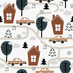 Seamless pattern, cars, houses, fir trees, trees, hand drawn overlapping backdrop. Colorful background vector. Illustration with forest. Decorative wallpaper, good for printing - 389231381