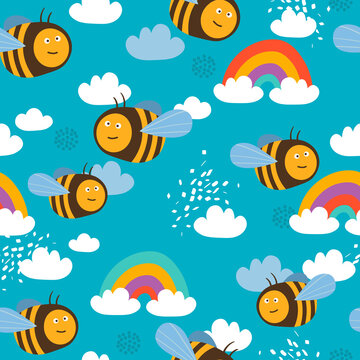 Bees, hand drawn seamless pattern. Colorful backdrop with happy insects, sky. Beekeeping. Decorative illustration, good for printing. Wallpaper design © Talirina